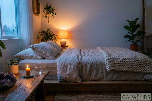 A peaceful bedroom setup with healing crystals on a bedside table for sleep support