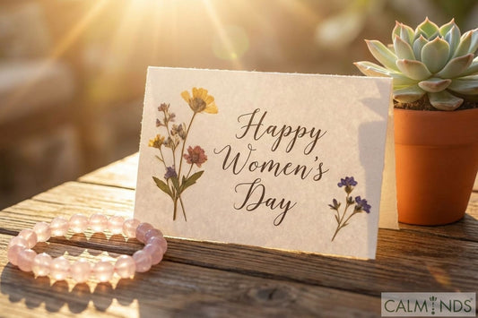 Heartfelt Women's Day wishes card with Rose Quartz bracelet.