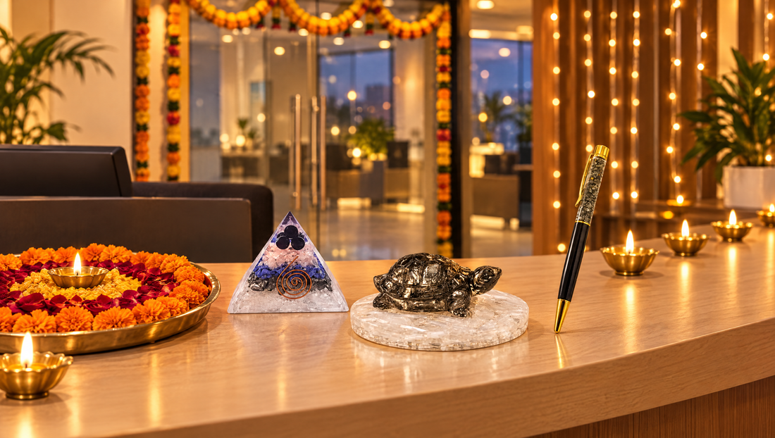 Pyrite turtle and orgonite pyramid on an office desk decorated for Diwali