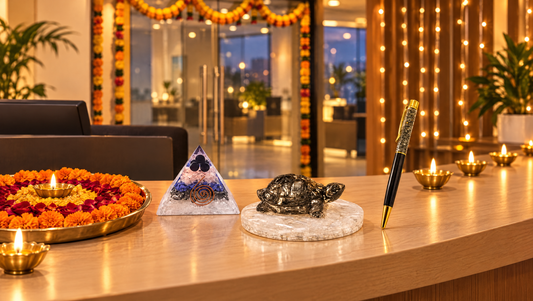 Pyrite turtle and orgonite pyramid on an office desk decorated for Diwali