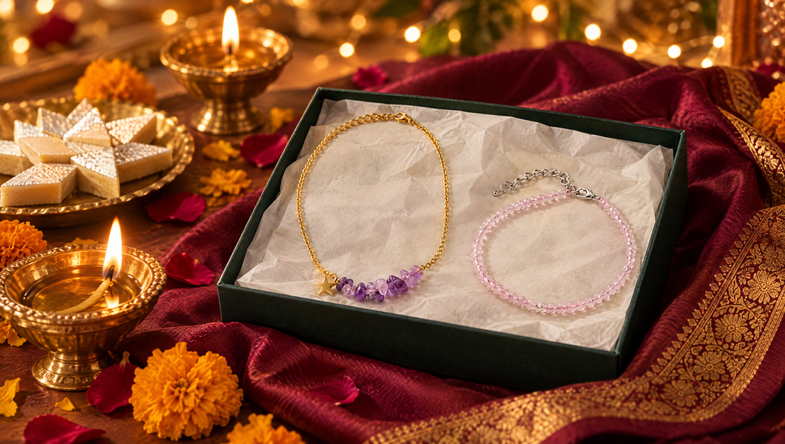Crystal necklace and anklet Diwali gift set for wife in an open gift box