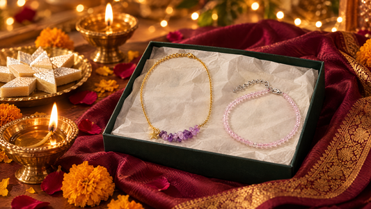 Crystal necklace and anklet Diwali gift set for wife in an open gift box