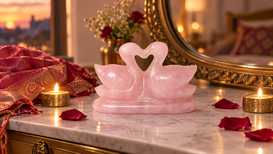Rose quartz love duck pair with heart on a bedroom dresser with candles and rose petals