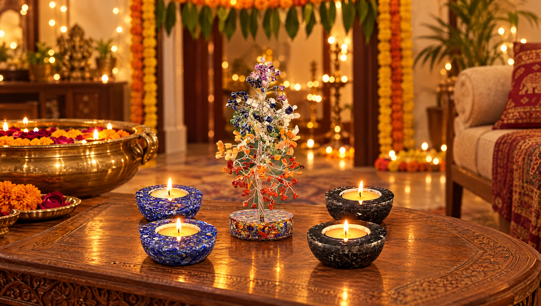 7 chakra crystal tree and crystal diyas as Diwali decoration in a living room