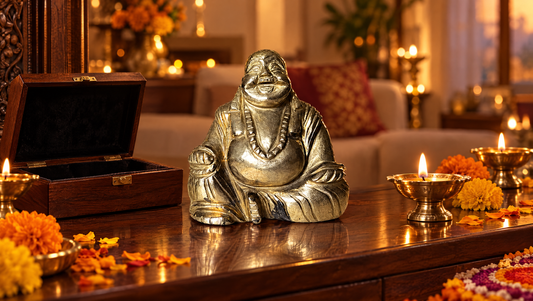 Pyrite laughing Buddha gift set on a festive table