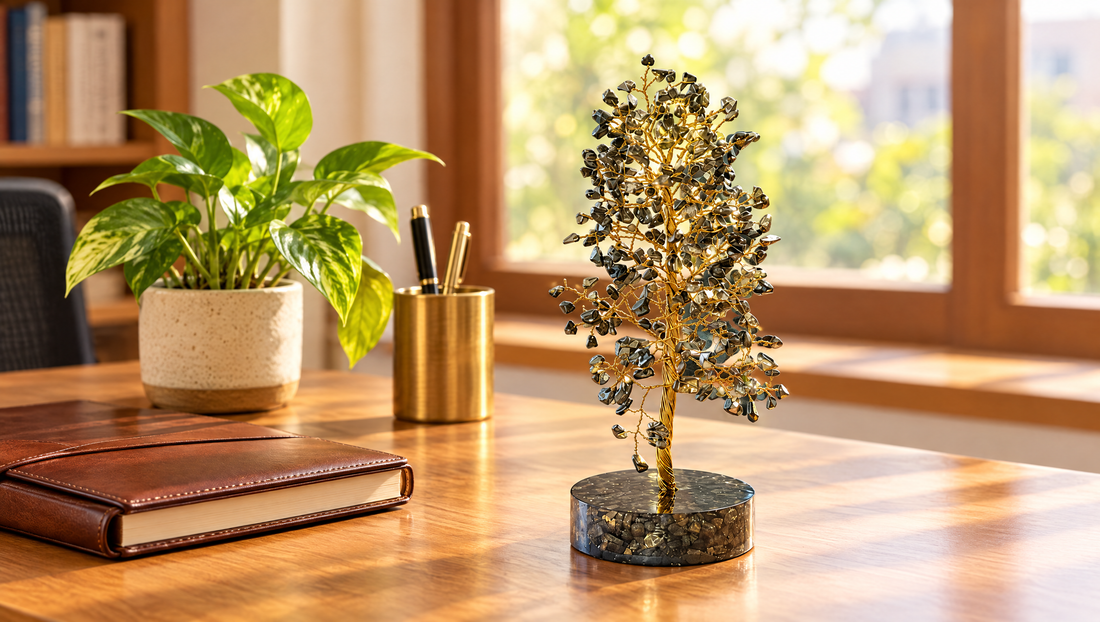 Pyrite tree kept on a shelf at home with warm Diwali lighting