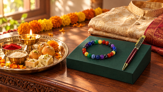 Bhai Dooj gift for brother: crystal bracelet and pen beside a tilak thali with sweets