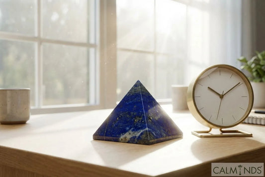 A peaceful bedroom setup with healing crystals on a bedside table for sleep support
