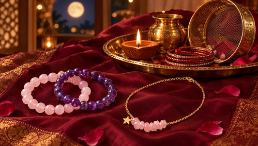 Karwa Chauth gift for wife with rose quartz couple bracelets and necklace