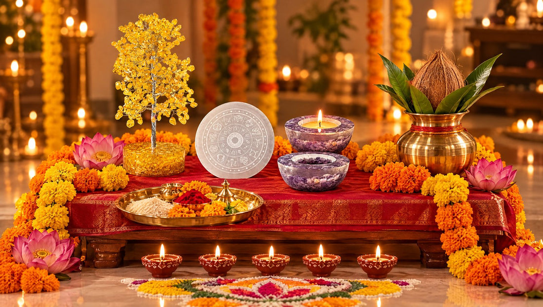 Lakshmi Puja decoration at home: chowki with red cloth, kalash, diyas, marigold, citrine crystal tree and selenite plate
