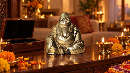 Pyrite laughing Buddha gift set on a festive table