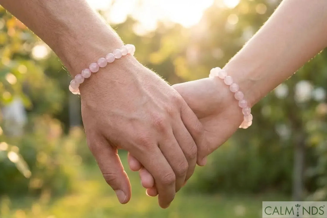 Matching couple crystal bracelets for long-distance relationship connection and love.