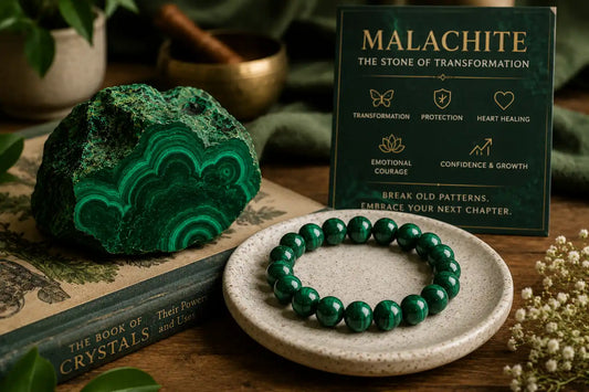 Natural Malachite stone and crystal bracelet with green banding