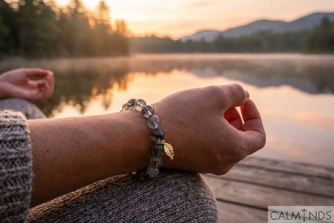 Woman meditating by a calm lake at sunrise wearing a Calminds Black Rutile Quartz bracelet on her left wrist for anxiety relief and grounding.