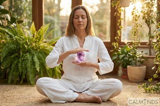 A woman meditating peacefully while holding an Amethyst crystal