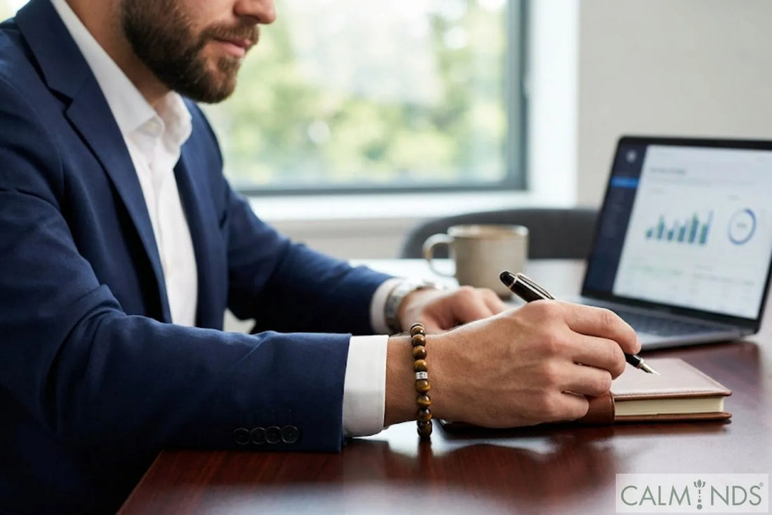 Professional man wearing a natural Tiger Eye bracelet for men in an office setting