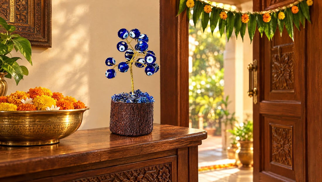 Nazar battu evil eye gift set near a home entrance with Diwali diyas