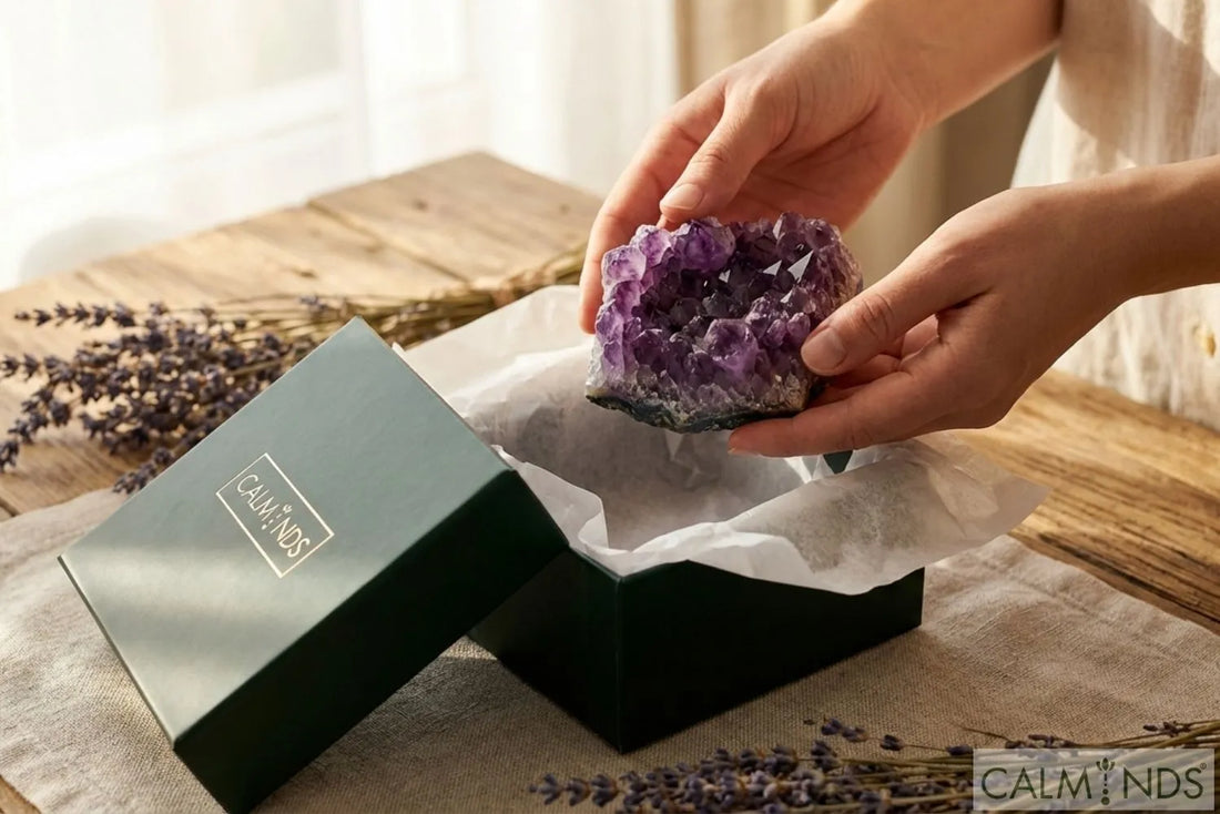 A person unboxing a new Amethyst crystal at home