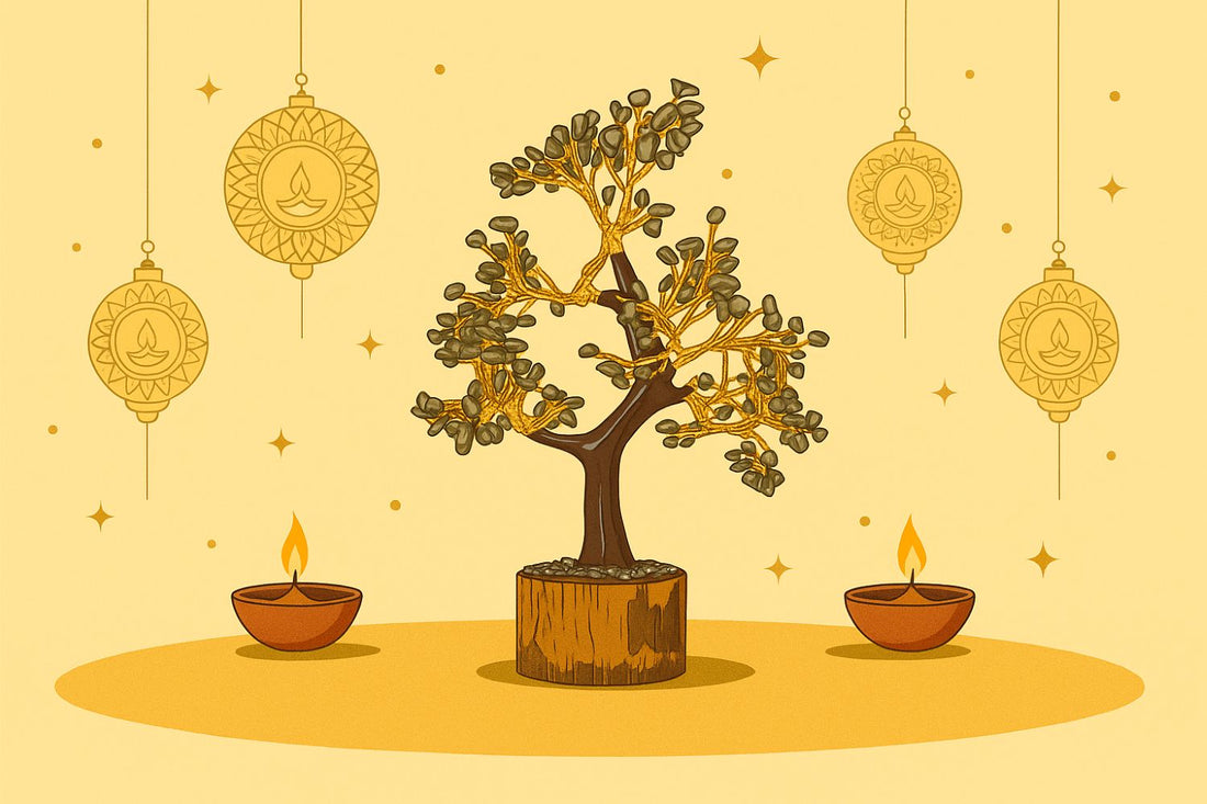 pyrite tree with 2 diyas