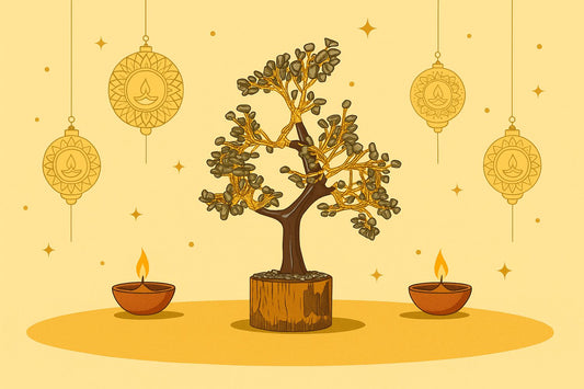 pyrite tree with 2 diyas