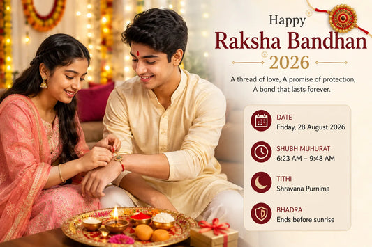 Raksha Bandhan 2026 celebration showing brother and sister tying rakhi with festival date, shubh muhurat, and festive Indian decoration