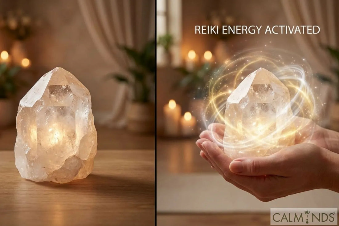 Comparison between a normal crystal and a Reiki-charged crystal showing energy activation