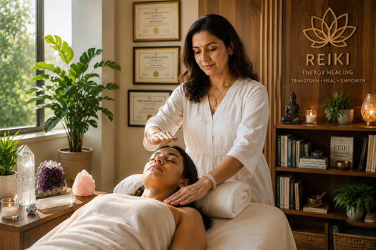 Reiki practitioner giving energy healing to a client in a calm meditation and crystal healing space.