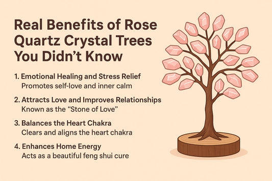 benefits of rose quartz tree with a vector image of pink tree on a lite  pink background