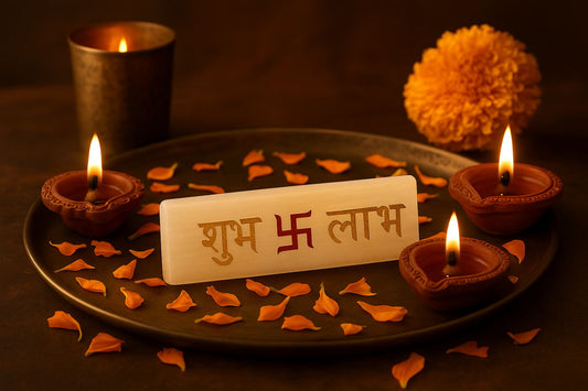 selenite shubh labh plate on a plate surrounded by light diyas