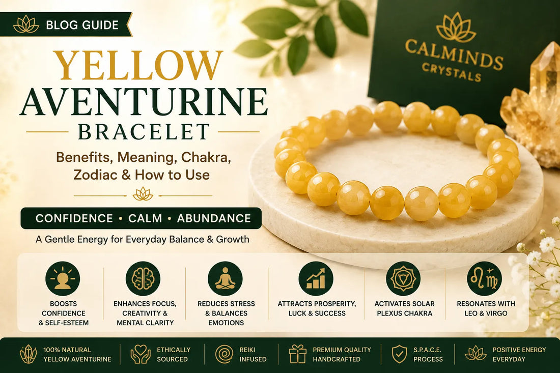 Yellow Aventurine bracelet guide showing its benefits, meaning, Solar Plexus Chakra, zodiac compatibility, and comparison with Citrine