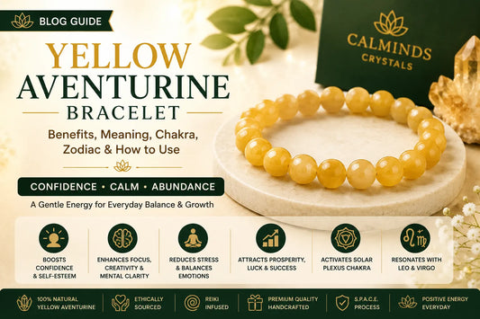 Yellow Aventurine bracelet guide showing its benefits, meaning, Solar Plexus Chakra, zodiac compatibility, and comparison with Citrine