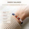 Chakra crystal bracelet on a wrist with text about energy balance and benefits.