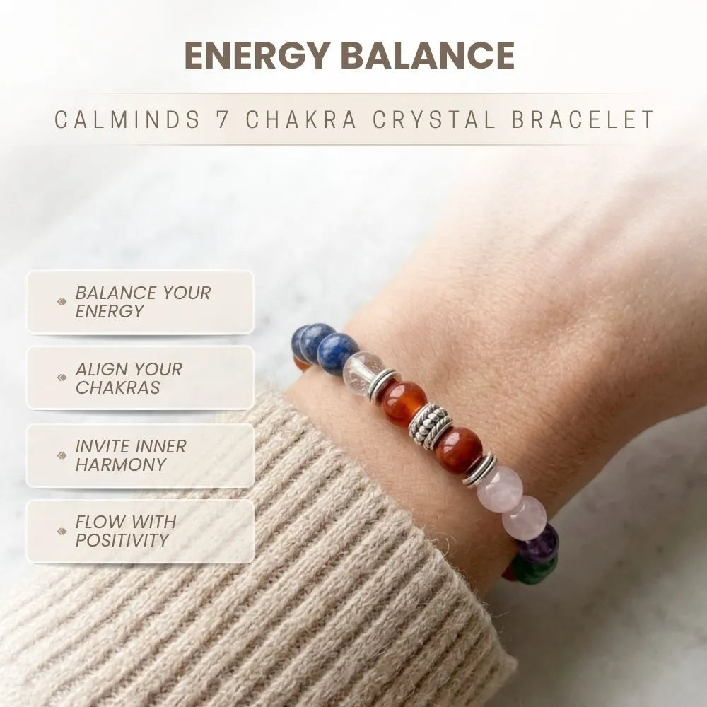 Chakra crystal bracelet on a wrist with text about energy balance and benefits.