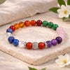 Colorful beaded bracelet on a white stand with 'Calminds' packaging and guide book on a light background.