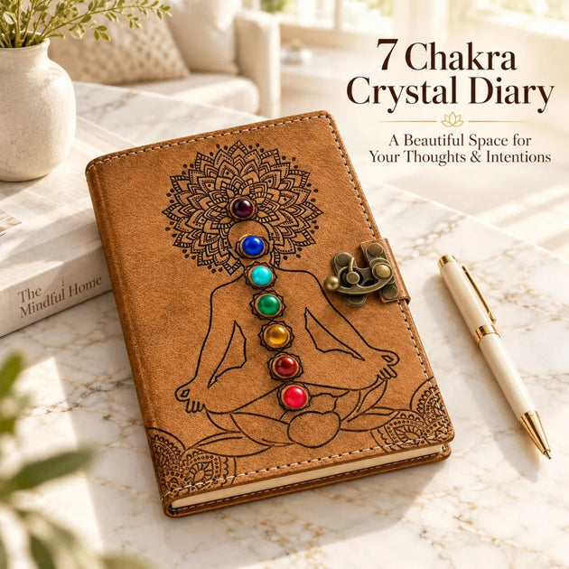 7 Chakra crystal diary with embossed brown cover, meditating figure, seven chakra stones and brass clasp