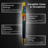 Pen with decorative cap on a dark background with text about its uses