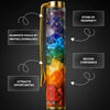 Colorful crystal tube with labeled stones on a black background