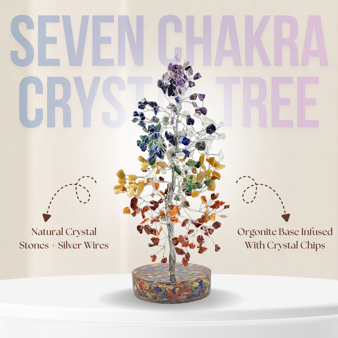 Close-up of 7 chakra crystals on decorative chakra tree