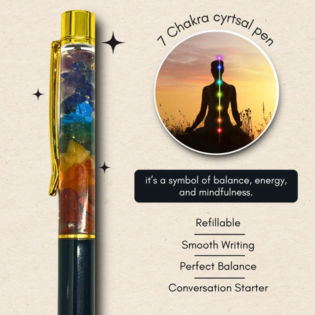 7 Chakra natural crystal ball pen, black edition – features infographic by Calminds