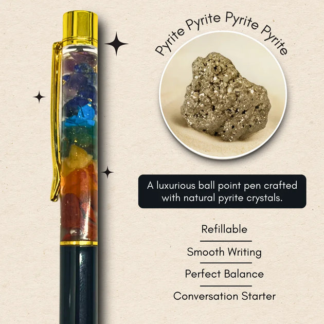 Luxurious ballpoint pen with natural pyrite crystals and a close-up of pyrite stone on beige background.