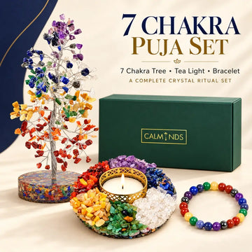 7 chakra puja set with chakra tree, crystal tea light and 7 chakra bracelet