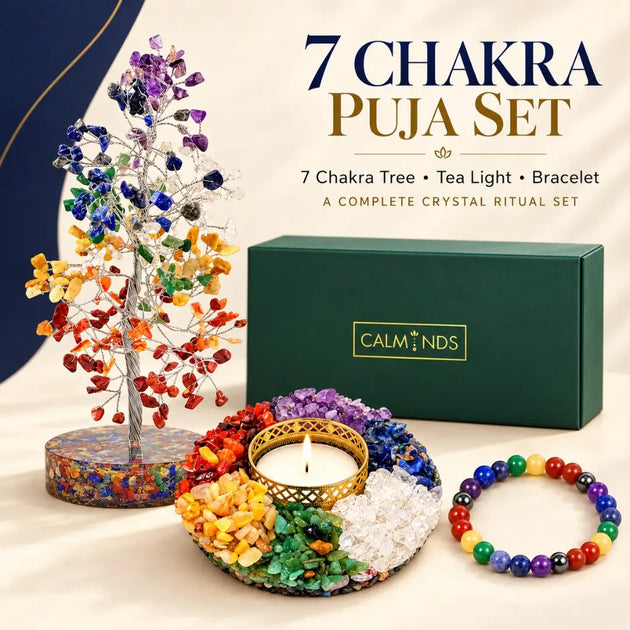 7 chakra puja set with chakra tree, crystal tea light and 7 chakra bracelet