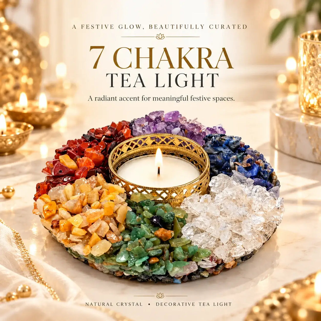 7 Chakra Tea Light Holder with a lit candle in its gold-tone centre, ringed by seven colour sections of natural crystal chips