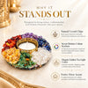 What sets the 7 chakra tea light holder apart: natural crystal chips, seven distinct colour sections, gold tea-light centre, festive decor accent