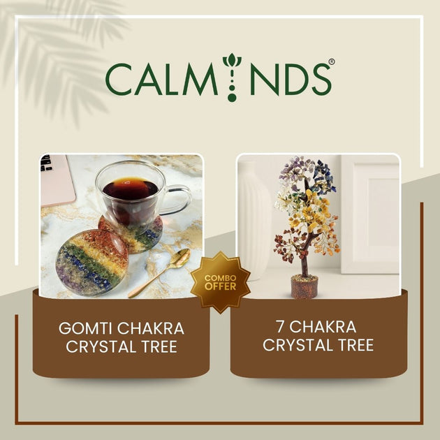 product advertisement with 7 chakra crystal tree and orgonite coaster pair on a beige background.