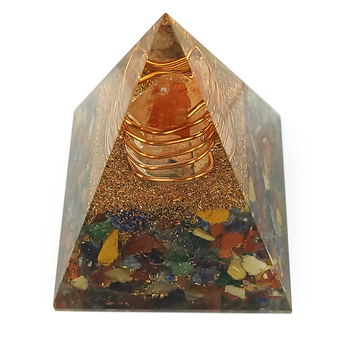 7 Chakra Orgone Pyramid on white background