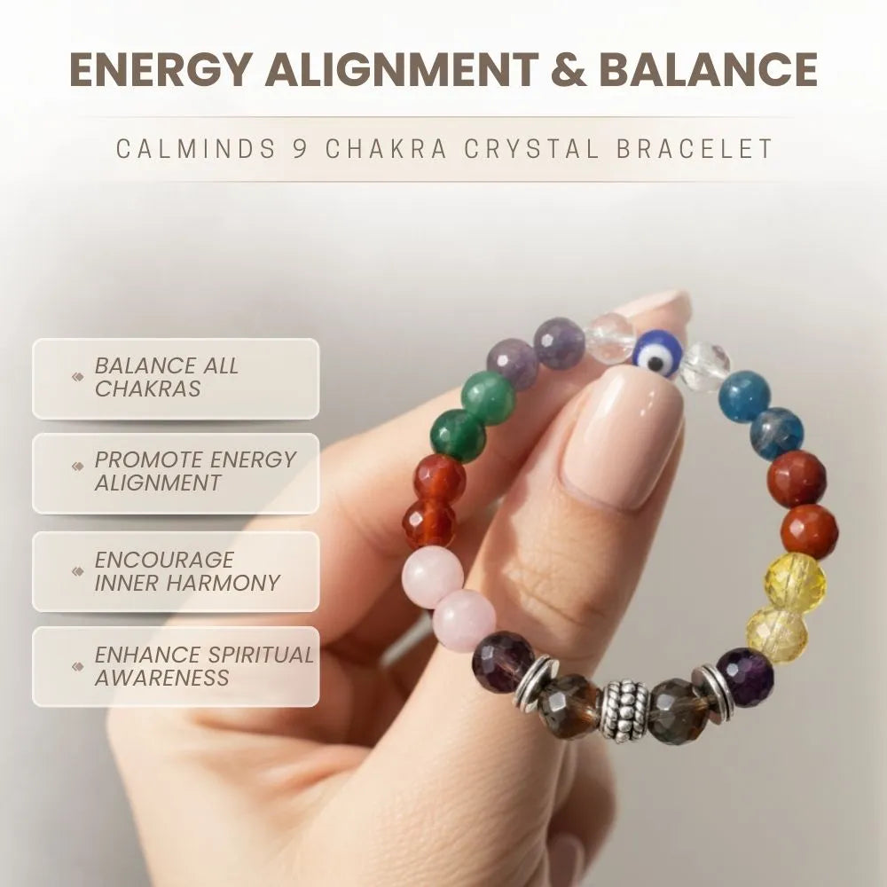Hand holding a 9 chakra crystal bracelet with text about energy alignment and balance.