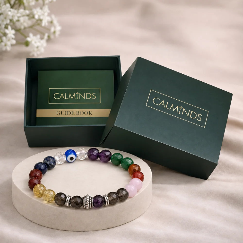 Calminds 9 Chakra Crystal Bracelet close-up showing nine gemstone beads