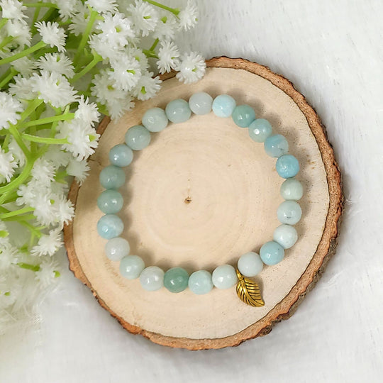 Blue Amazonite Crystal Bracelet with golden leaf charm | Virgo