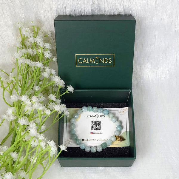 Blue Amazonite Crystal Bracelet with golden leaf charm with green box